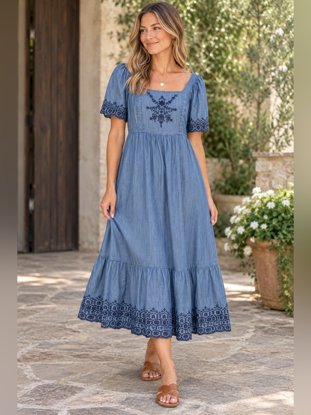 Old Navy sz M denim ruffled dress with floral embroidery NWT